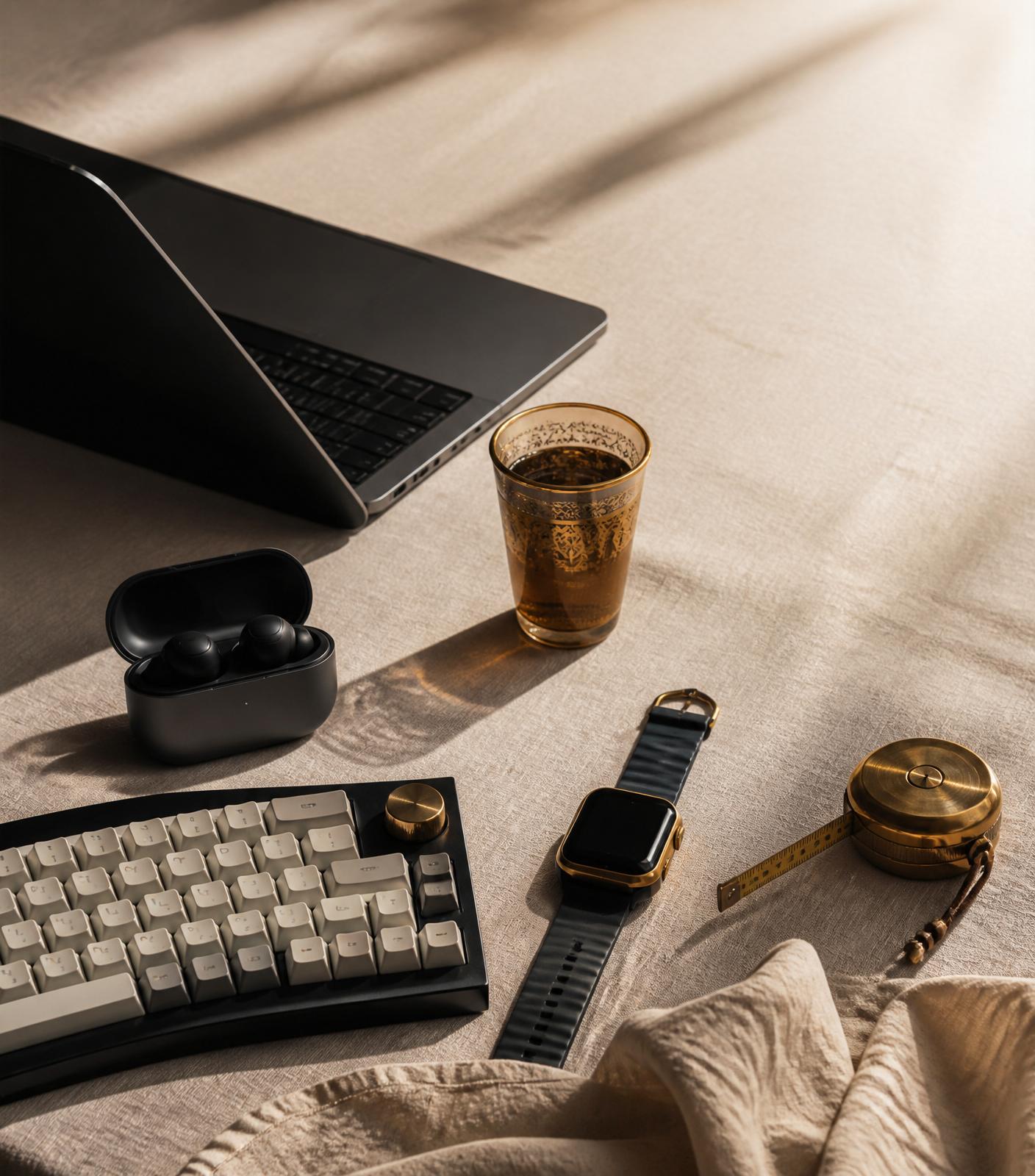 Objets techniques choisis par Shop212 : ordinateur portable, écouteurs sans fil, clavier mécanique, montre connectée.